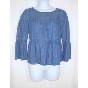 Madewell Blue Chambray Denim Tiered Ruffle Top XXS Cotton Lyocell Button Back